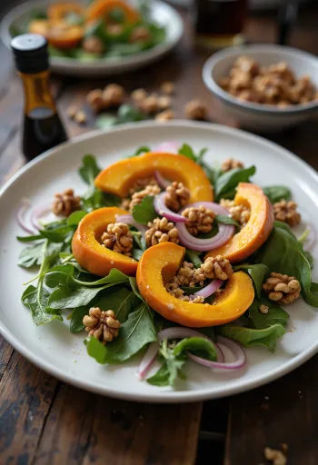 Roast pumpkin salad served with walnuts and rocket
