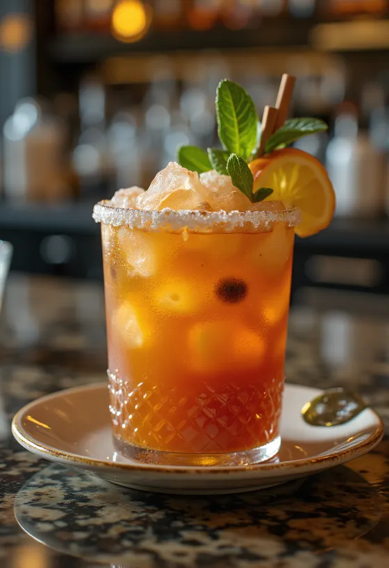 Zombie cocktail garnished with mint leaf and orange slice