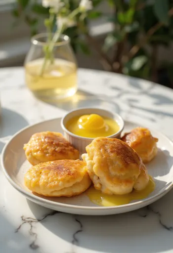 Æbleskiver with lemon cream, fresh and puffy balls, decorated with lemon sauce