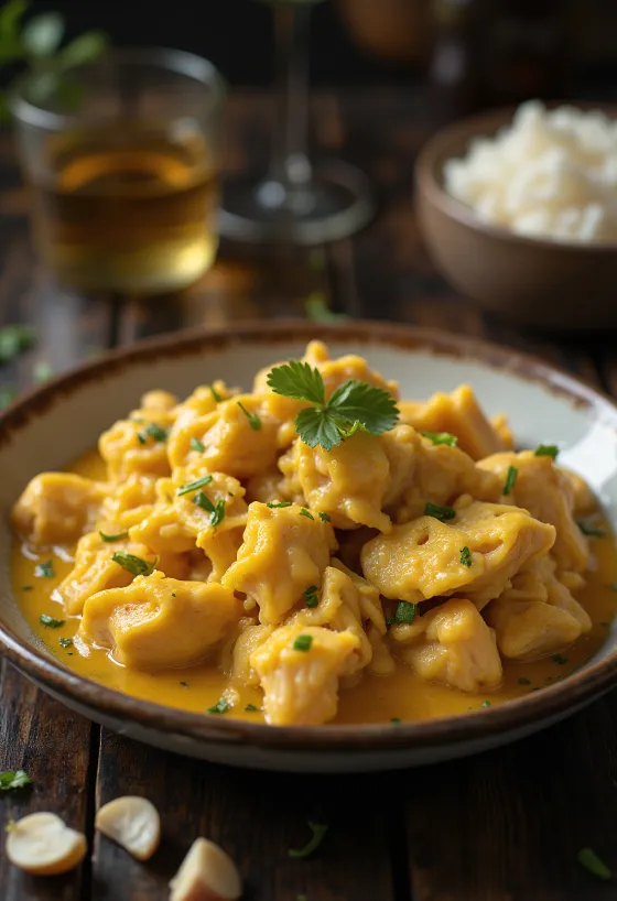 Ají de Gallina with garlic, served with juicy chicken and rich sauce.