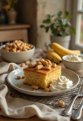 Banana peanut cake decorated with roasted peanuts