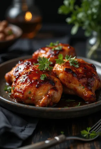 BBQ chicken legs roasted in the oven, served with roast potatoes