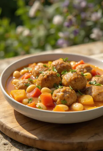 Fasolada with meatballs served