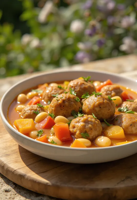 Fasolada with meatballs served