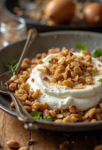 Fatteh with toasted seeds, toasted pita pieces, chickpeas, tahini yoghurt, roasted pine nuts, almonds and walnuts.