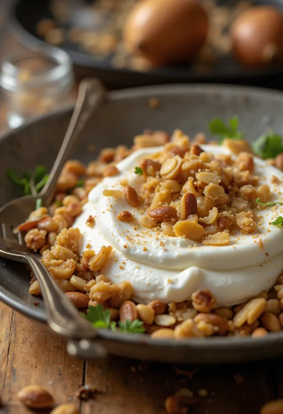 Fatteh with toasted seeds, toasted pita pieces, chickpeas, tahini yoghurt, roasted pine nuts, almonds and walnuts.