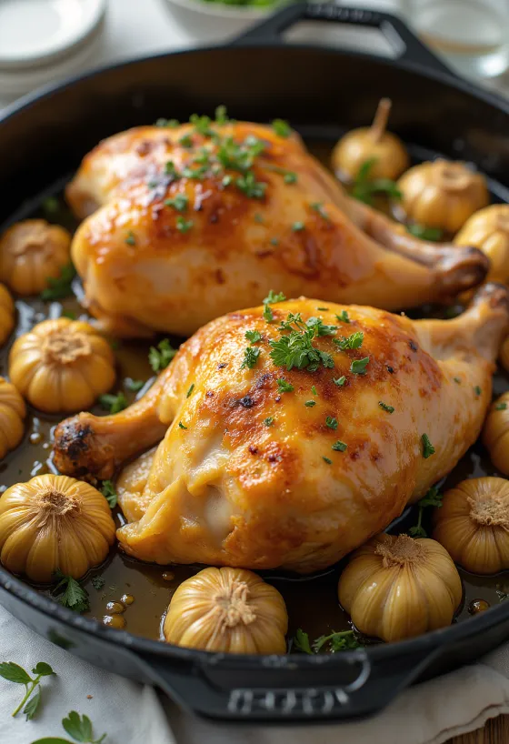 Garlic roast chicken baked golden brown, garnished with fresh herbs