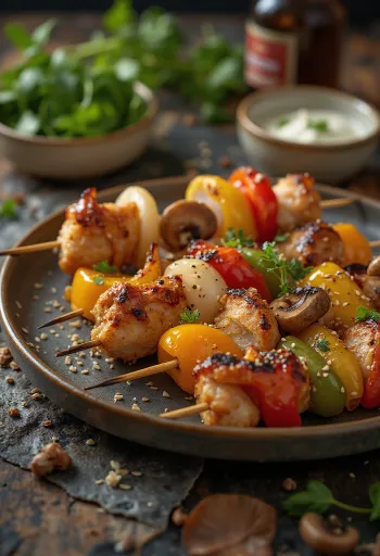 Kushiyaki yakitori mixed skewers with vegetables and meat, served with sesame seeds and fresh spring onions