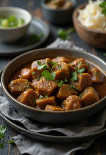 Sarapatel with pork heart, rich spicy meat dish garnished with fresh coriander