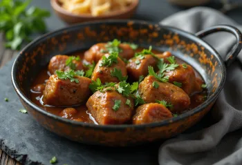 Sarapatel with pork heart, rich spicy meat dish garnished with fresh coriander