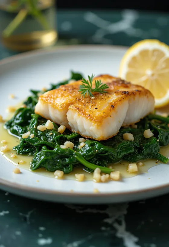 Fried fish with garlic spinach served
