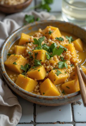 Pumpkin wok with curried quinoa tofu and tahini served
