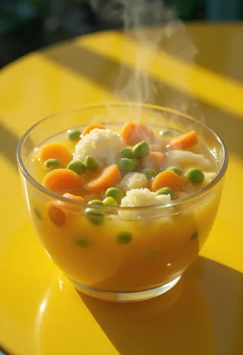 Fresh vegetable soup served with carrots, celeriac and parsley