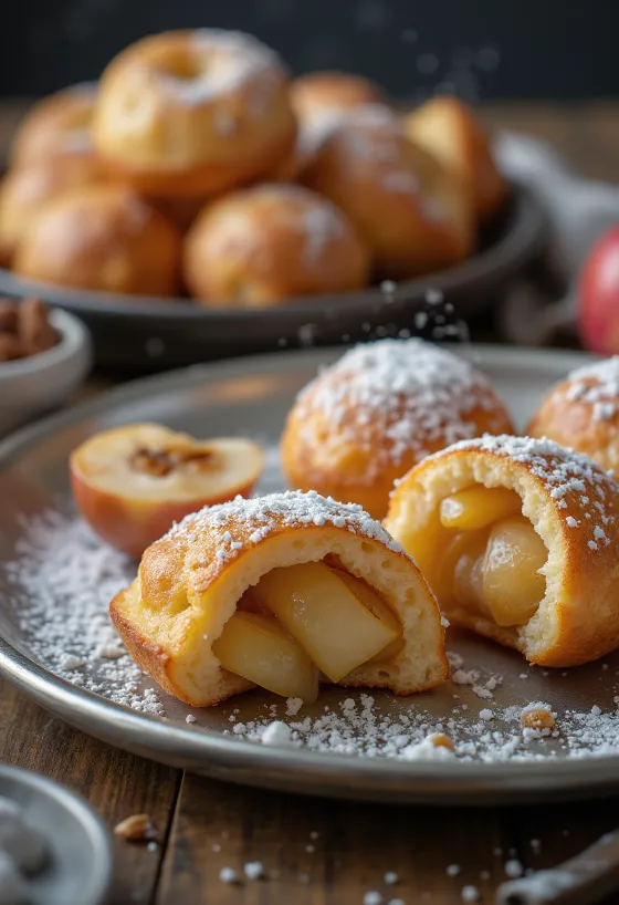Æbleskiver with apple cinnamon filling, fried golden brown, dusted with icing sugar