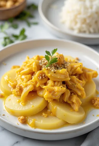 Egg-free Ají de Gallina, creamy yellow sauce chicken served with rice and potatoes