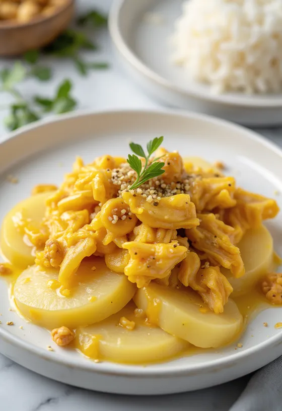 Egg-free Ají de Gallina, creamy yellow sauce chicken served with rice and potatoes