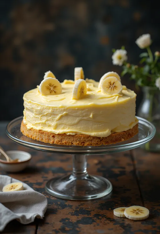 Banana cream cake decorated with banana slices