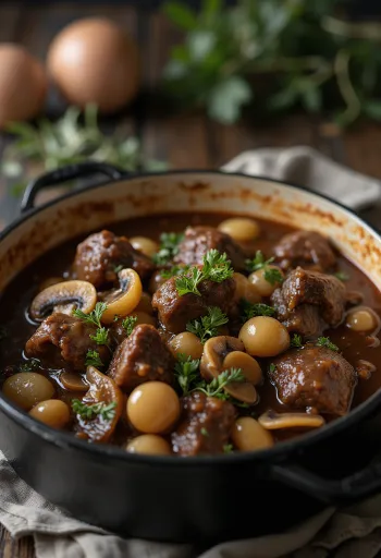 Beef Bourguignon served with fresh thyme and bread