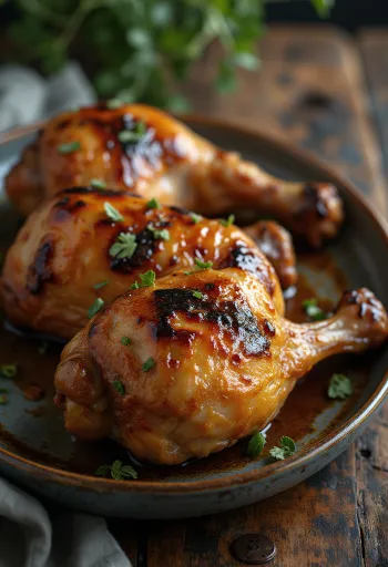 Grilled turkey drumsticks served with fresh herbs and roasted vegetables.