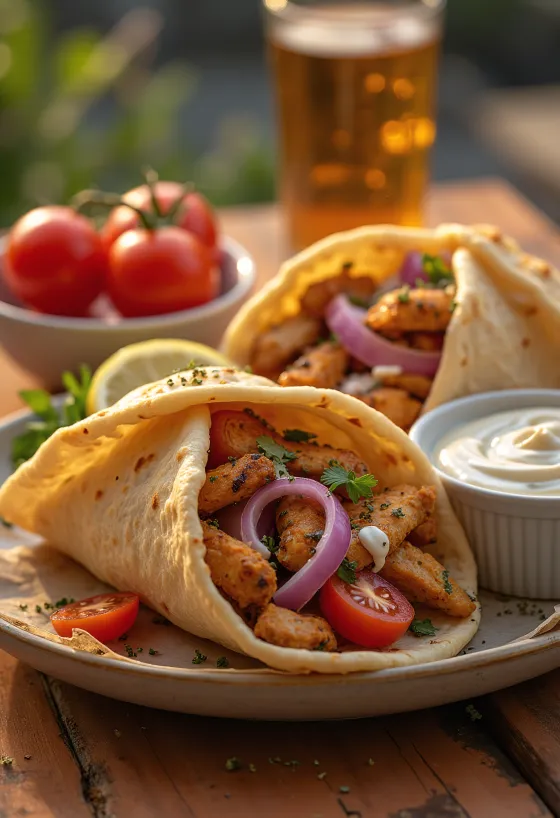 Freshly fried gyros meat in pitta, served with vegetables and yoghurt sauce.