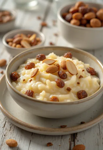 Raisin kheer rice pudding garnished with raisins and almonds