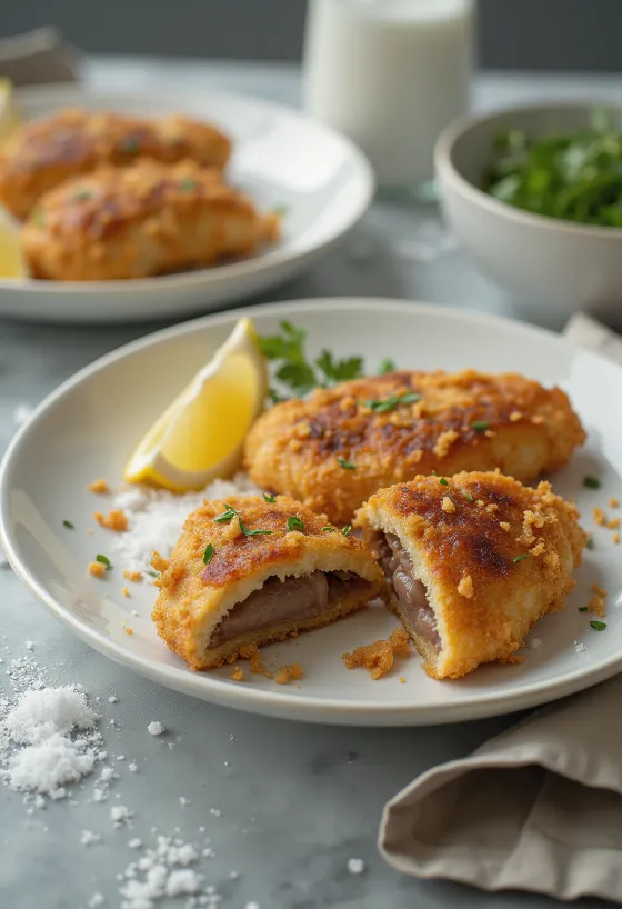 Crispy breaded pork liver fried golden brown, served with fresh salad