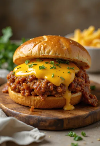 Sloppy Joe sandwich with Cheddar cheese, richly filled with minced meat