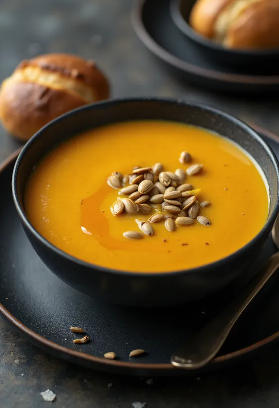 Pumpkin cream soup served with toasted seeds and fresh olive oil.