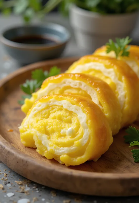 Dashimaki tamago slices, served with soy sauce and mirin