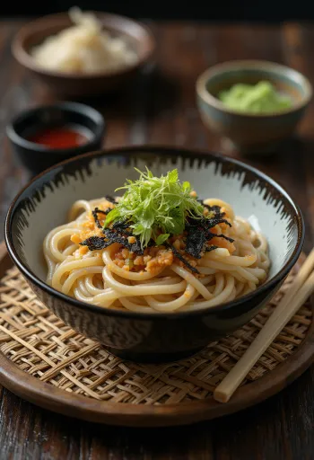 Zaru soba with wasabi, fresh soba noodles garnished with soy sauce, lime juice and coriander