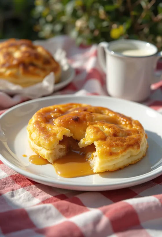 Æbleskiver filled with caramel cream fried golden brown, dusted with icing sugar