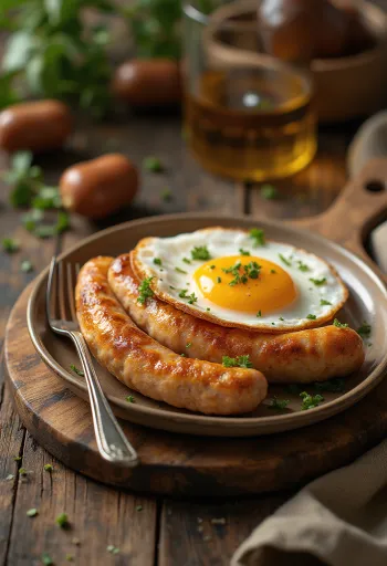 Alheira sausage served with fried egg, sprinkled with parsley, on a rustic plate