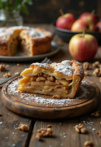 Apple and walnut pie sliced and served