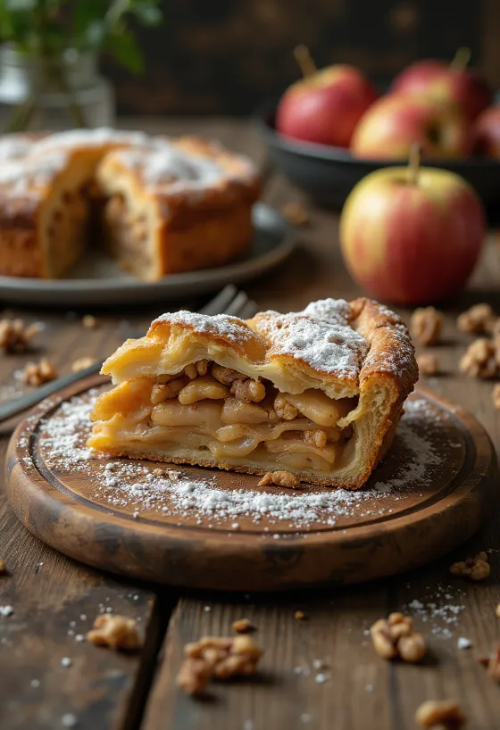 Apple and walnut pie sliced and served