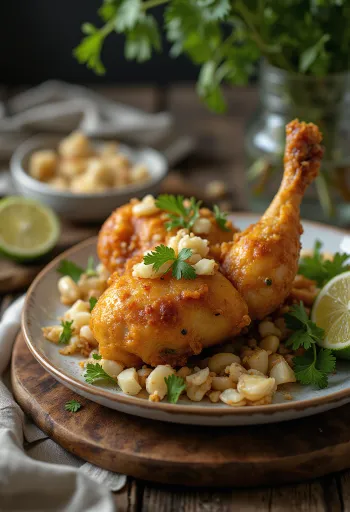 Ayam Penyet in garlic marinade, served with fresh coriander and spinach
