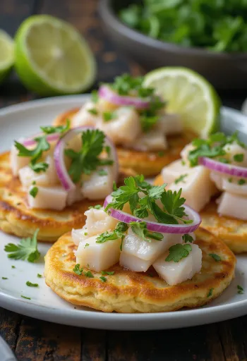 Ceviche pancake served with fresh sea fish and avocado