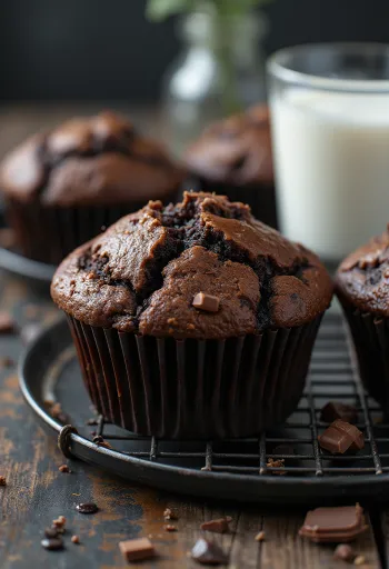 Chocolate muffin with soft crumb, melted chocolate chunks inside