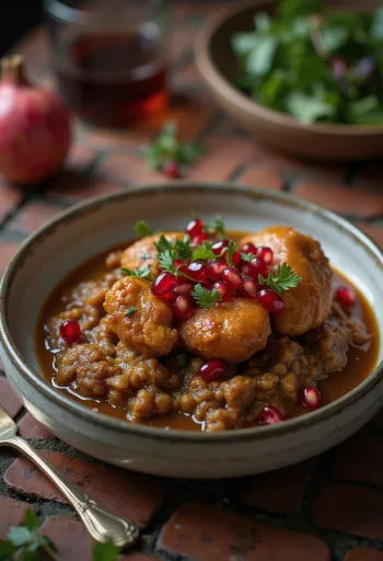 Fesenjoon with chicken served with pomegranate seeds and rice side