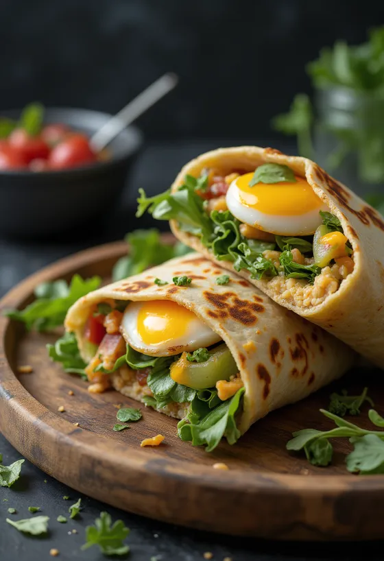 Grilled aubergine wrap with fresh vegetables and hummus