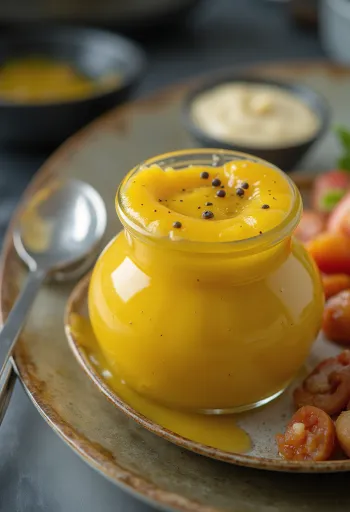 Fruity honey mustard sauce in a bowl, with fresh fruits and vegetables beside.