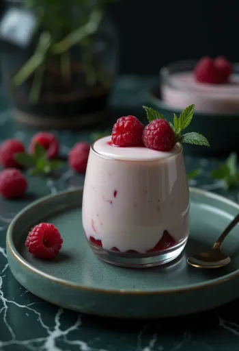 Raspberry panna cotta decorated with fresh berries and raspberry sauce