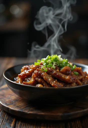 Mongolian beef in soy sauce, served with spring onions