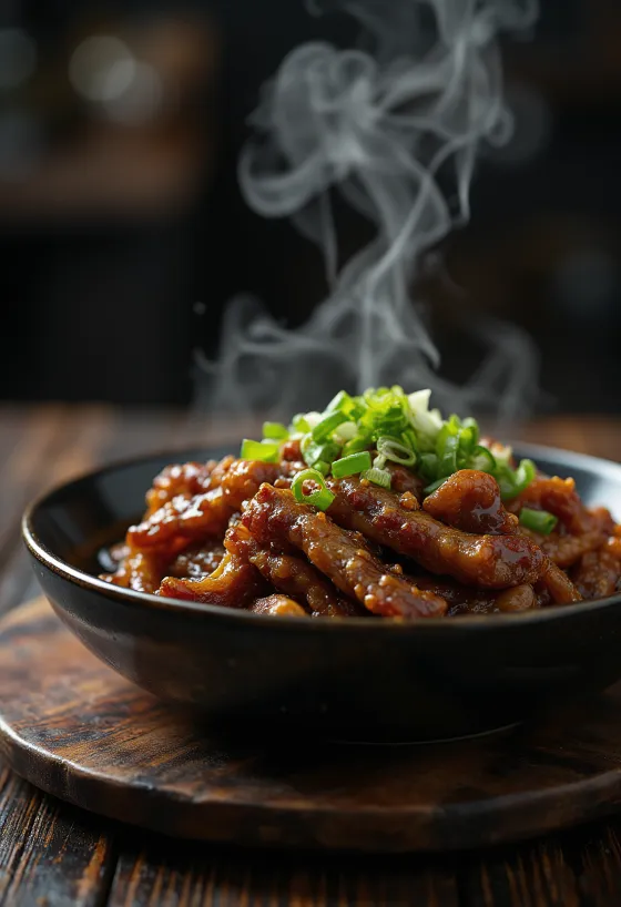 Mongolian beef in soy sauce, served with spring onions