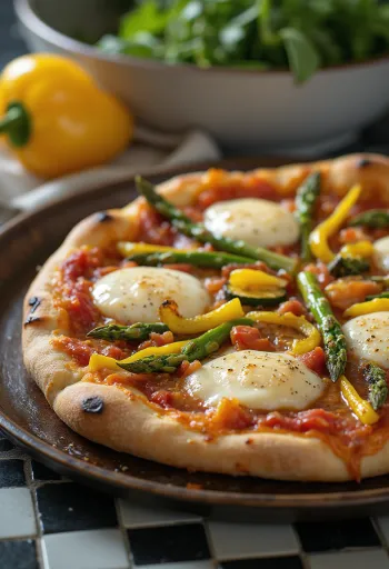 Pizza Primavera with spring vegetables and basil