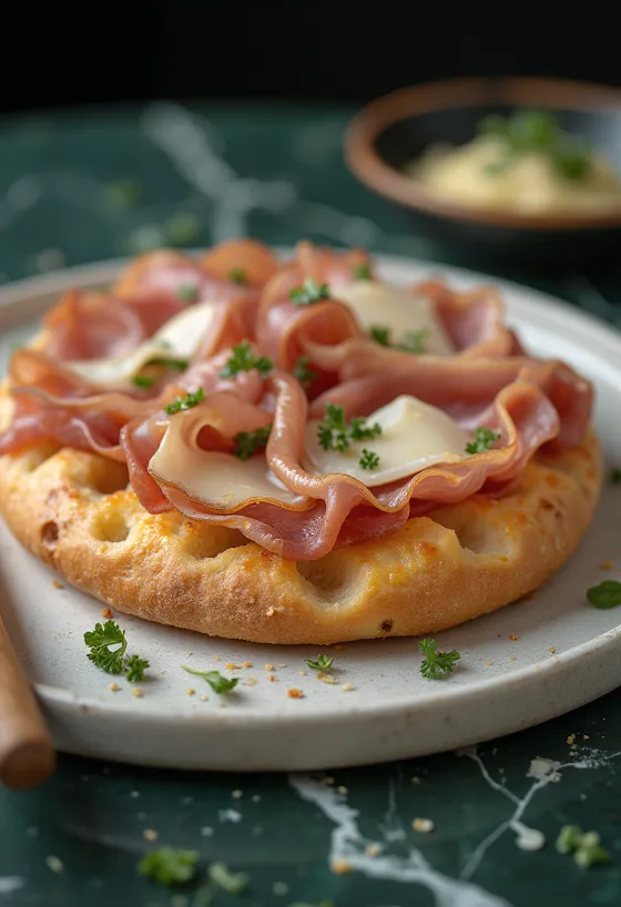 Focaccia with prosciutto crudo and parmesan served