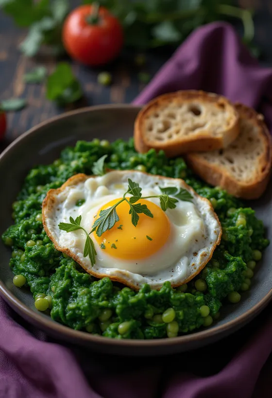 Spinach pottage creamed with milk, served with a freshly fried egg