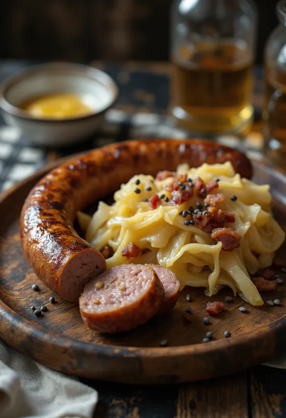 Roast sausages served with sauerkraut