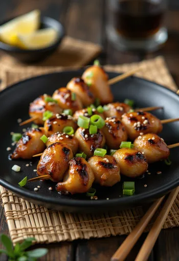 Sunagimo yakitori with chicken gizzards, served with sesame seeds and green onions