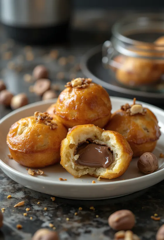 Æbleskiver filled with Nutella fried golden brown, dusted with icing sugar
