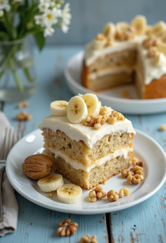 Banana and walnut cream cake decorated with fresh banana slices and walnuts